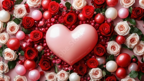 Heart-shaped decoration surrounded by red and pink roses and decorative pearl...