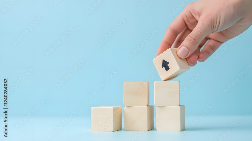 Hand Placing Wooden Block with Arrow on Top of Stacked Blocks Representing Growth and Progress in Business and Personal Development Concepts Hand Placing Wooden Block with Arrow on Top of Stacked Blocks Representing Growth and Progress in Business and Personal Development Concepts