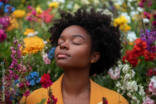 Woman surrounded by vibrant flowers in a serene moment of relaxation during a...
