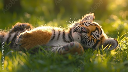 Baby tiger resting peacefully in lush green grass during a sunny afternoon