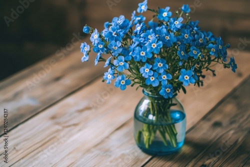 Bright blue flowers in a glass vase on a rustic wooden table indoors