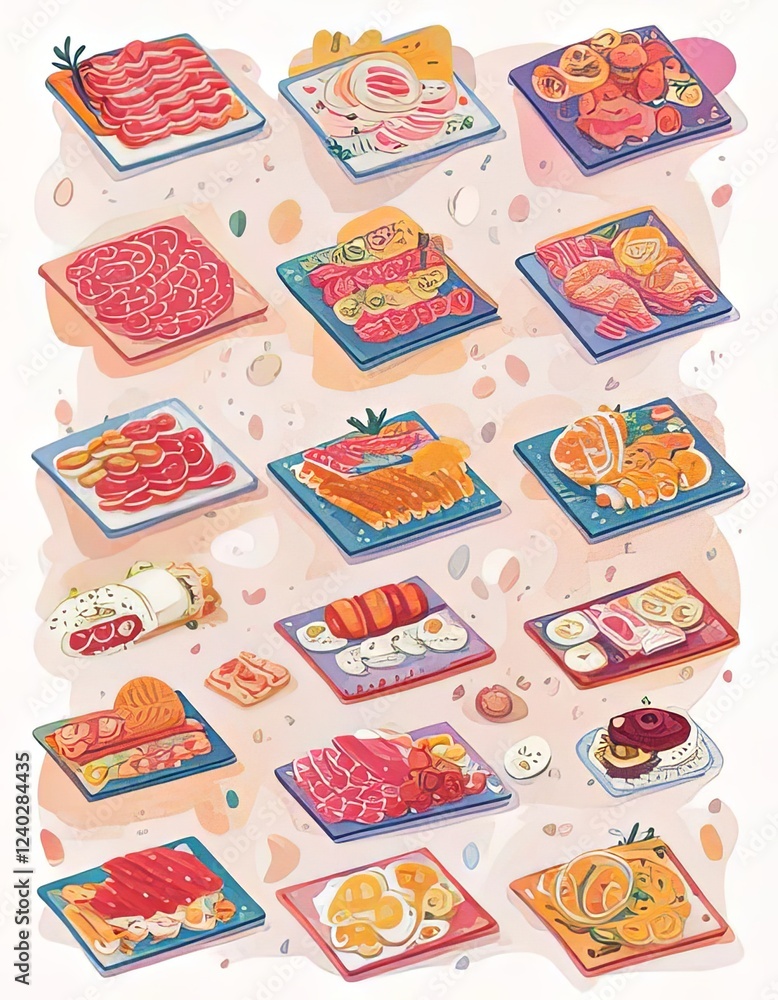 Illustrated Assortment of Gourmet Meat and Seafood Platters Illustrated Assortment of Gourmet Meat and Seafood Platters