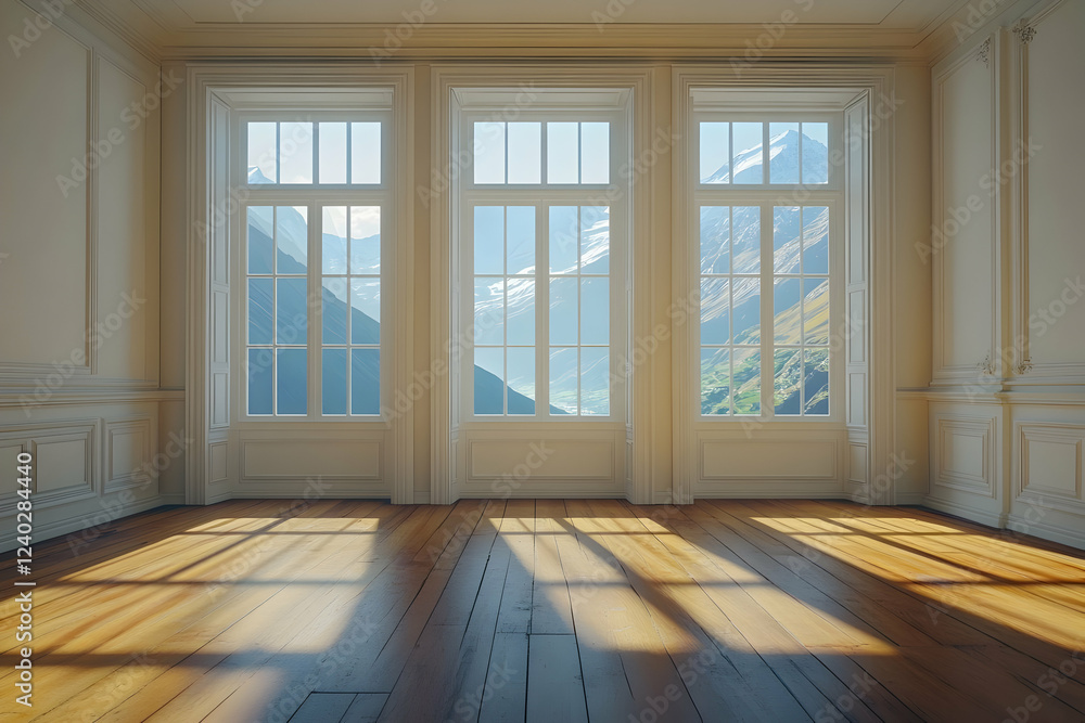 Mountain view from empty room; sunlight on wood floor; interior design Mountain view from empty room; sunlight on wood floor; interior design