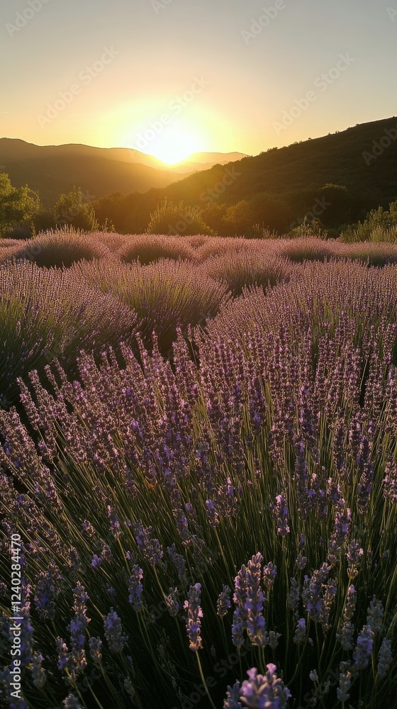 Obraz premium Sunlight shining through lavender fields during golden hour near a serene landscape