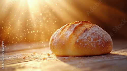 Freshly baked round bread loaf on wooden surface with soft lighting in kitchen