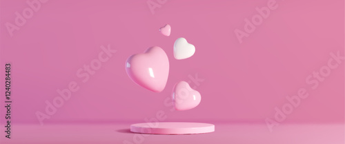 Love concept podium mockup with floating pink heart shapes, white glossy valentines emblem on rose background. Romantic minimal display platform for holiday presentation or wedding decoration design.