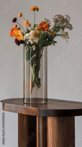 Colorful flower arrangement in a glass vase on a wooden table in a modern set...