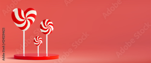 3D candy podium decorated with spiral lollipops in heart and circular shapes on red background. White peppermint swirl pattern of sweet treats on sticks. Display setup for confectionery presentation.