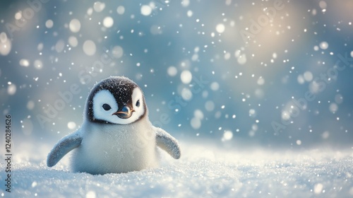 Cute baby penguin standing on snow with sparkling snowflakes in a winter wond...