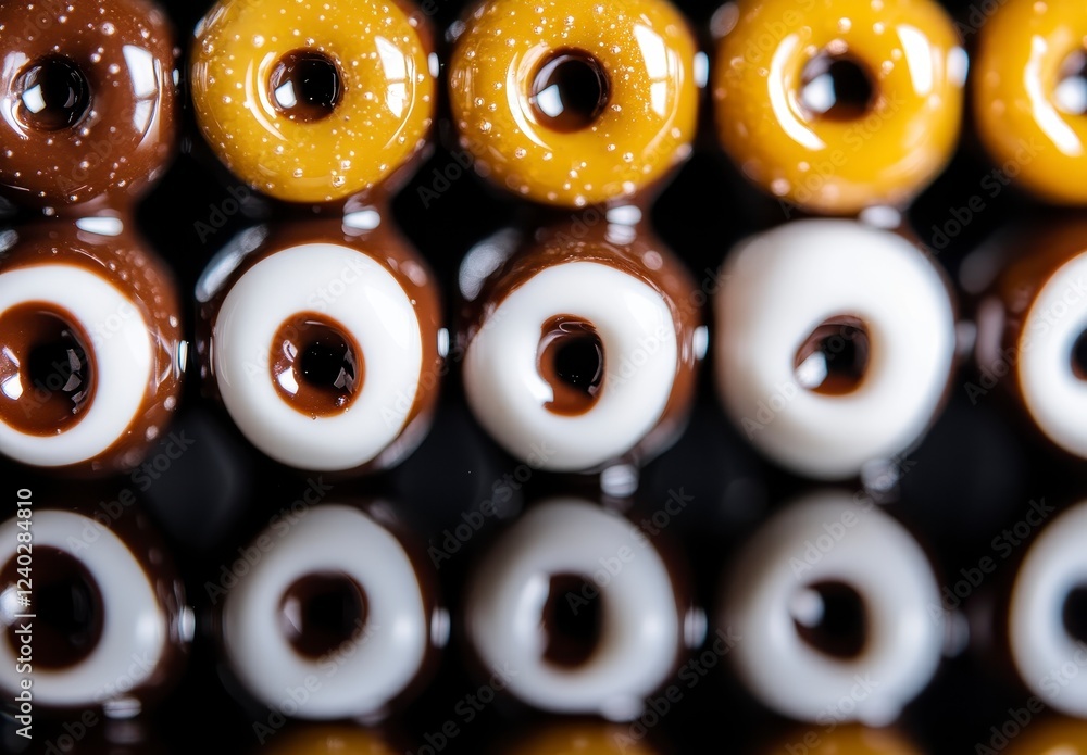 Fototapeta premium Colorful Donuts with Glaze and Reflection on Black Surface