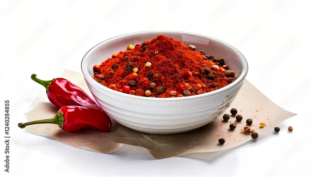 Bowl of Red Chili Powder and Peppercorns on a Rustic Surface