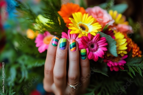 Colorful nails holding a vibrant bouquet of flowers in bright spring tones