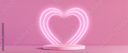 Love neon podium design with glowing pink heart shaped light tubes behind circular display platform. Romantic luminous stage on rose backdrop. Modern showcase setup for Valentine day presentation.
