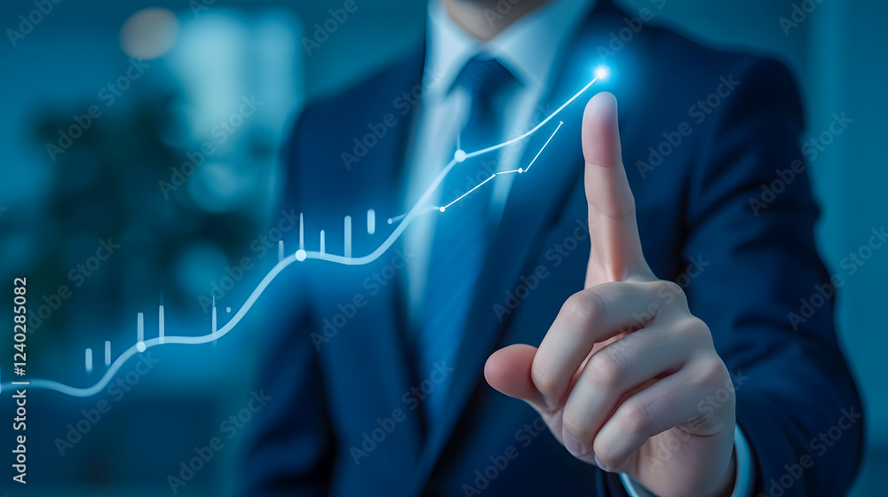Businessman in Suit Pointing to Growth Chart with Digital Graph, Financial Success Concept, Data Visualization and Investment Strategy Businessman in Suit Pointing to Growth Chart with Digital Graph, Financial Success Concept, Data Visualization and Investment Strategy