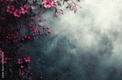 Decorative arrangement of red leaves and berries on textured background for s...