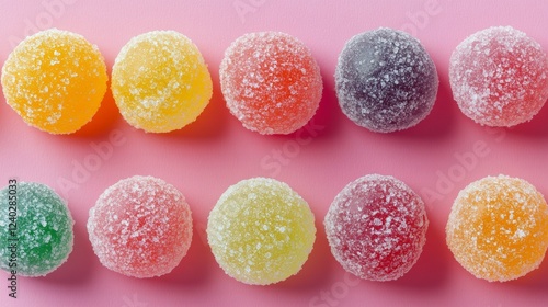 Colorful gummy candies arranged on a pink background in a creative and appeal...
