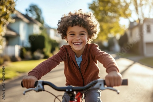 Young boy rides bicycle down quiet suburban street on a sunny day