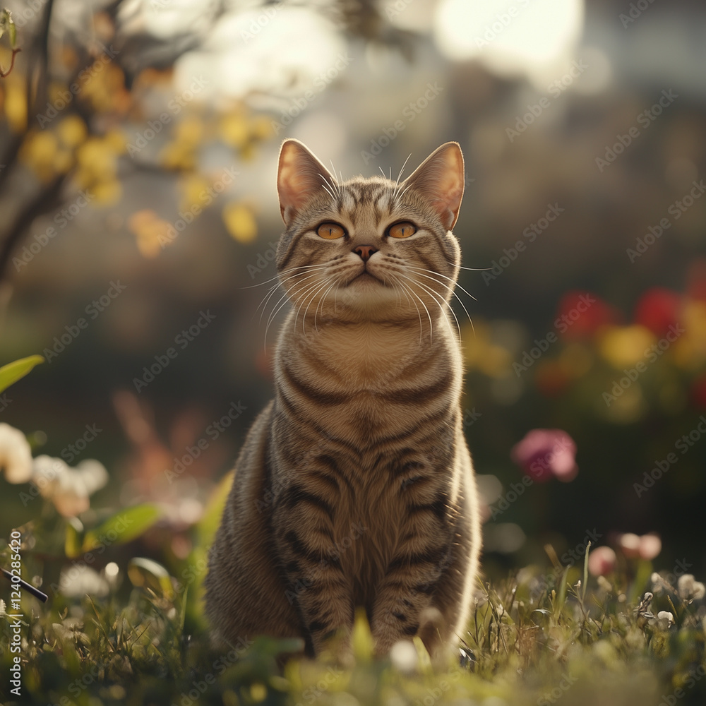 Fototapeta premium Cute cat picture on a bright day, generative AI illustration