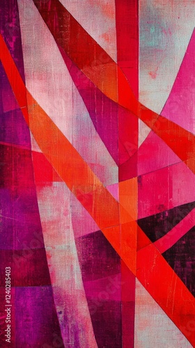 Vibrant abstract artwork featuring red and orange geometric shapes creating d...