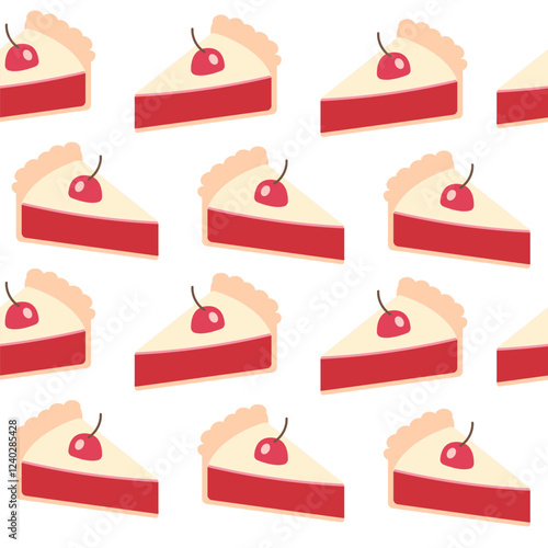 Seamless pattern of a piece of cake with cherry hand drawn