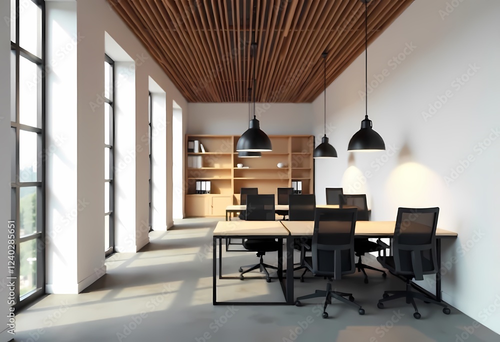 This modern office interior features a sleek table and contemporary design, bathed in natural light This modern office interior features a sleek table and contemporary design, bathed in natural light
