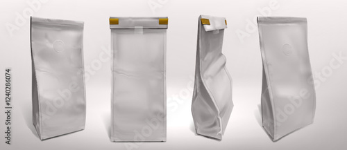 Coffee bag mockups set isolated on white. Vector realistic illustration of sealed silver foil package for tea, snacks or biscuits, 3D food packs front, side view with shadows, empty space for branding