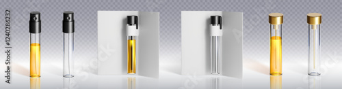 Glass perfume sample collection - transparent vials with black and gold spray caps, packaging mockups with white cards, testers filled with yellow fragrance, empty bottles for cosmetic presentation.