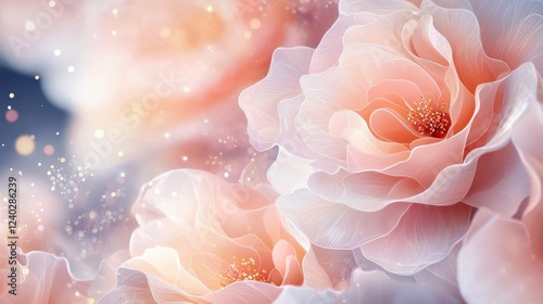 Soft Focus Composition of Large Pale Peach Flowers with Delicate Details and Subtle Sparkles