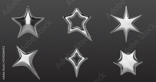 Metallic chrome stars collection - silver 3d shapes with reflective surfaces, y2k style geometric elements, hollow and solid decorative objects with glossy finish on dark transparent background.