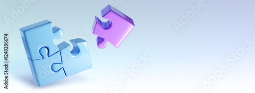 3D puzzle pieces - connected blue elements with floating purple component on light background. Minimalist jigsaw composition showing assembly process. Glossy plastic blocks during connection.