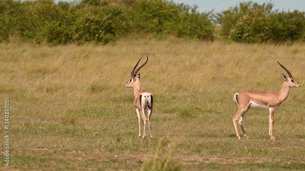 Thomson's gazelles standing in the open plains of Kenya grassland, scouting the field for danger Thomson's gazelles standing in the open plains of Kenya grassland, scouting the field for danger