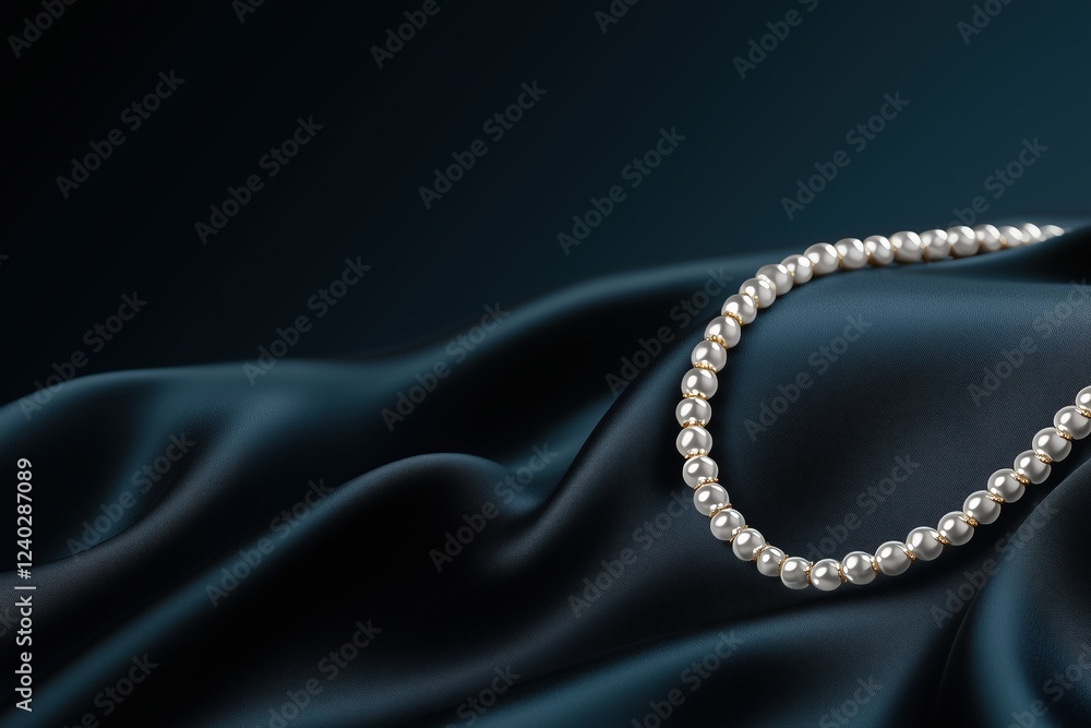 Fototapeta premium Pearl necklace draped on luxurious dark fabric with soft folds. timeless jewelry and elegant styling