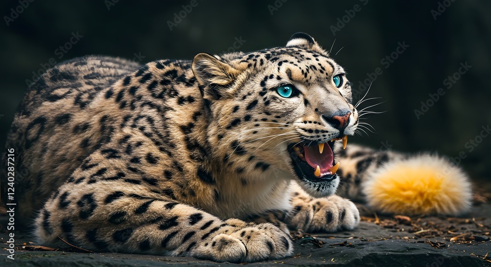 Magnificent Snow Leopard Roaring with Striking Blue Eyes Magnificent Snow Leopard Roaring with Striking Blue Eyes