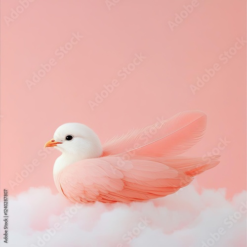 Pink dove illustration resting on soft clouds, serene pink dove with feather details in dreamy cloudscape, pink dove image in peaceful fantasy scene. Dreamy pastel animal illustrations photo