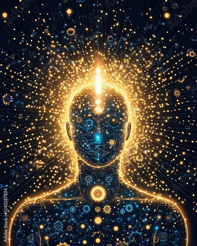 Radiant energy silhouette reflecting spiritual growth , under cosmic radiance with enlightened spiritual growth , embracing golden wisdom and spiritual growth energy. Radiant cosmic light