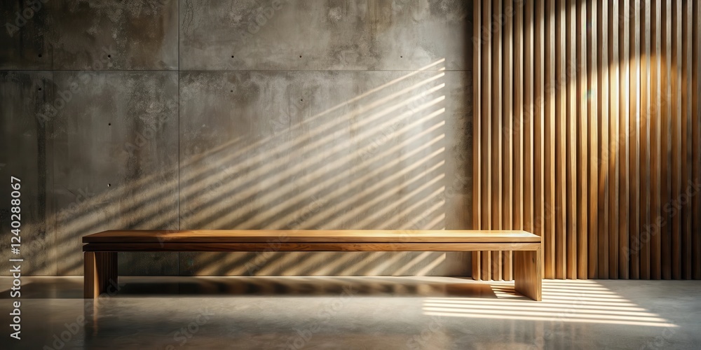 Serene Minimalist Interior Wooden Bench Against Textured Wall with Sunlight Streaming Through Slats Serene Minimalist Interior Wooden Bench Against Textured Wall with Sunlight Streaming Through Slats