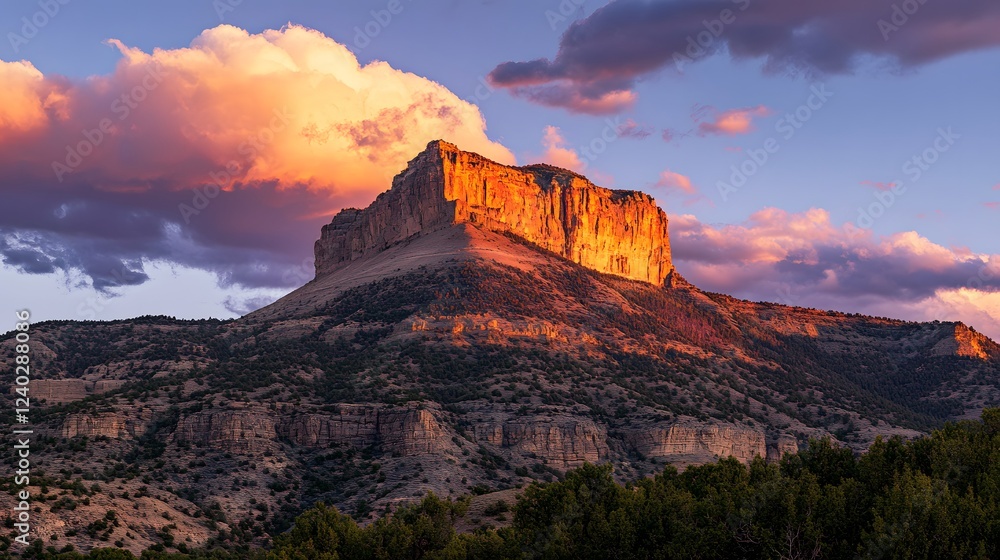 Naklejka premium Majestic mountain landscape at sunset, vibrant clouds illuminated by golden light, perfect for nature themes or travel content.