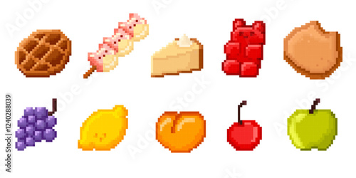 Pixel sweets and fruit icons set isolated on white background. Vector cartoon illustration of retro software emoji, waffle, marshmallow, cake, gummy bear, cookie, grape, lemon, peach, cherry, apple