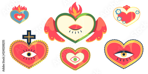 Mexican hearts set isolated on white background. Vector cartoon illustration of sacred symbol of Jesus love, red signs decorated with eye, wings, cross, fire crown, collection of religious stickers