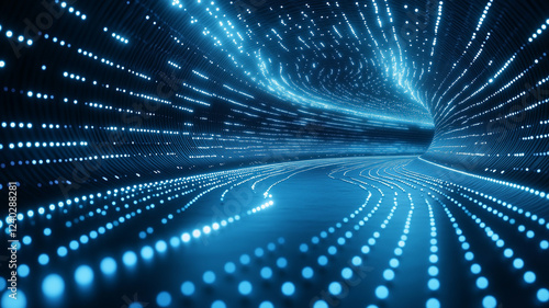 Abstract digital tunnel with glowing blue lights creating sense of motion and depth, representing technology and innovation