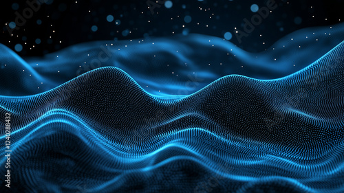 mesmerizing abstract representation of flowing blue waves with particles, creating sense of depth and movement in digital landscape