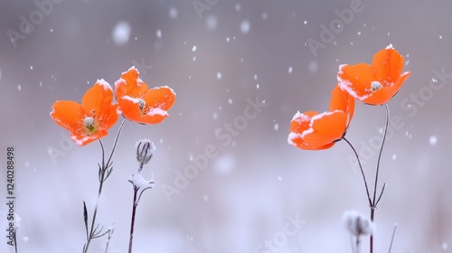 Orange flowers dusted with in winter garden