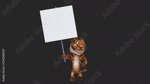 Fun 3D cartoon tiger with a sign (with alpha channel)