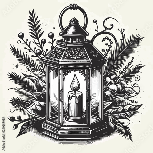 Vintage lantern with candle inside, black ink vector illustration