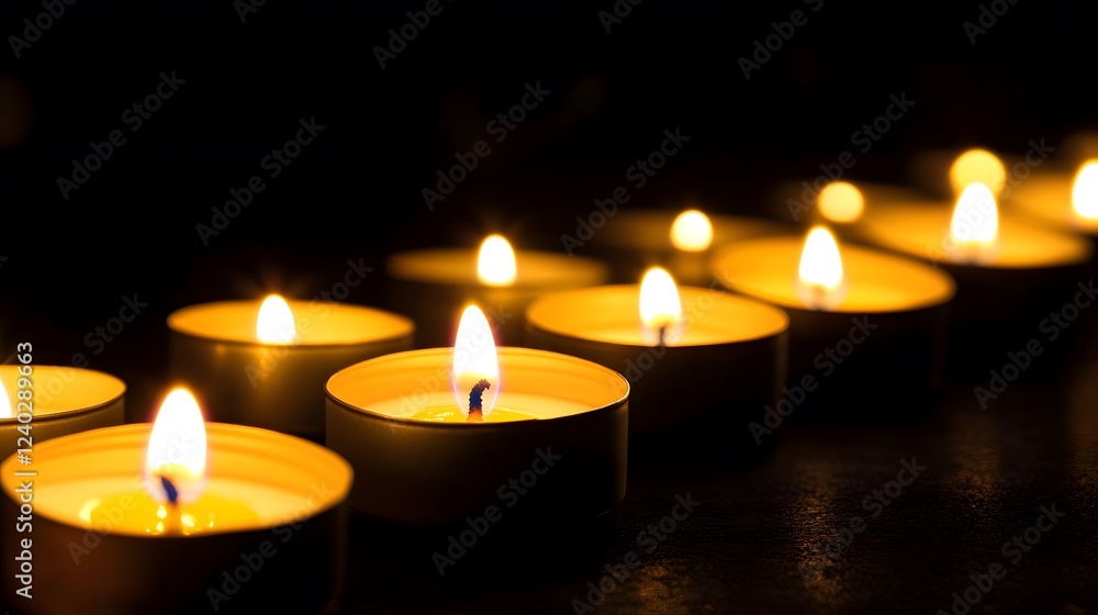Glowing Candlelight Row, Peaceful Burning Tealights Glowing Candlelight Row, Peaceful Burning Tealights