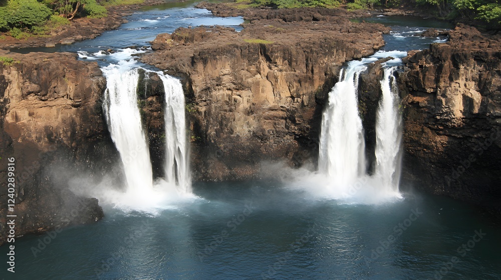 Fototapeta premium Majestic Double Waterfall Cascading Over Rocky Cliffs
