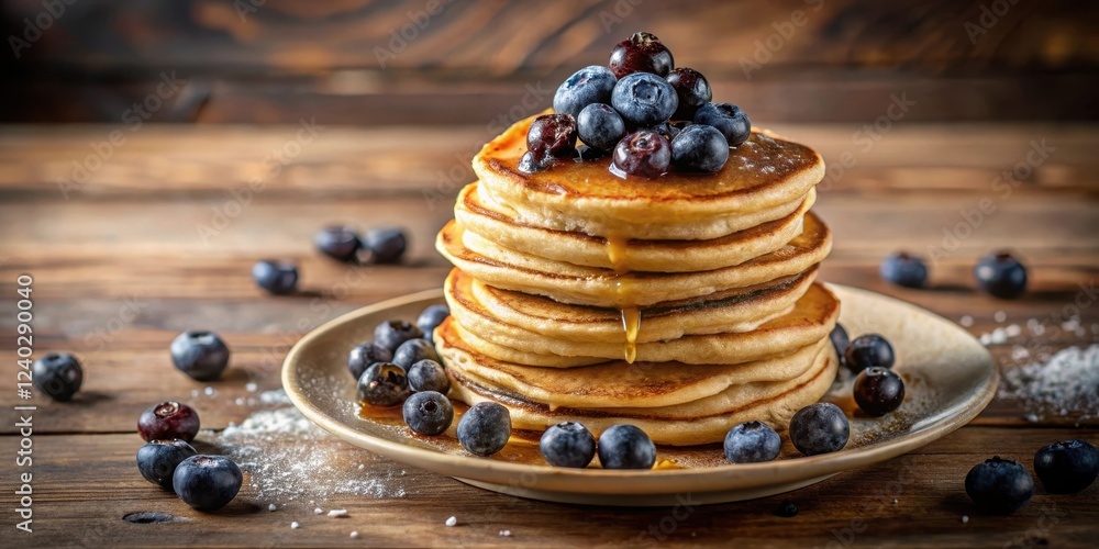 A tempting stack of golden pancakes, generously drizzled with sweet syrup and adorned with a vibrant crown of juicy blueberries, rests on a rustic wooden table. A tempting stack of golden pancakes, generously drizzled with sweet syrup and adorned with a vibrant crown of juicy blueberries, rests on a rustic wooden table.