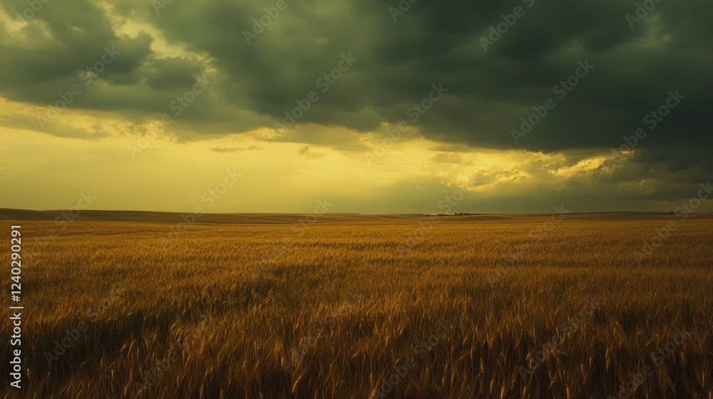A golden wheat field sways under a dramatic, cloudy sky, capturing a moment of serene beauty and impending weather change. A golden wheat field sways under a dramatic, cloudy sky, capturing a moment of serene beauty and impending weather change.