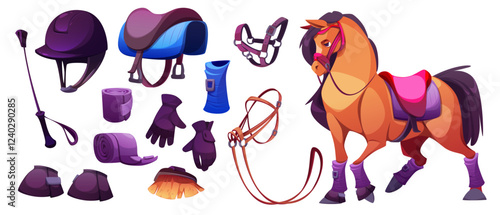 Equestrian items and brown horse - riding gear, helmet and cloth saddle, leather bridle, protection boots and riding gloves, grooming brush. Cartoon horseback sport and training accessories.