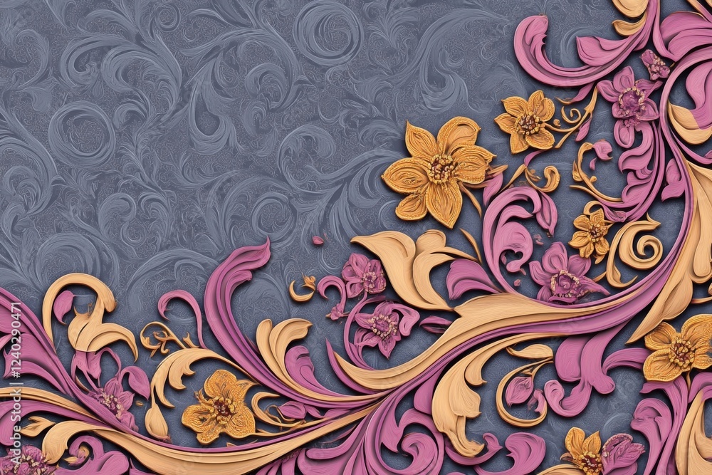 Elegant 3D Floral Design: Pink and Gold Swirls Elegant 3D Floral Design: Pink and Gold Swirls